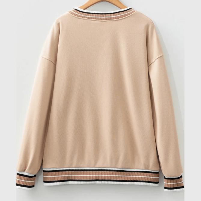 Ember Parchment Varsity Contrast Striped Trim V Neck Sweatshirt