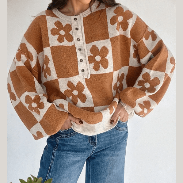 Gloria Brown Flower Plaid Henley Baggy Sweater