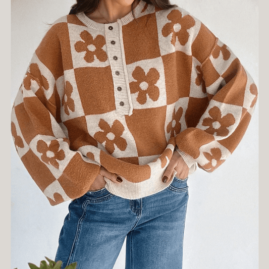 Gloria Brown Flower Plaid Henley Baggy Sweater