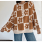 Gloria Brown Flower Plaid Henley Baggy Sweater