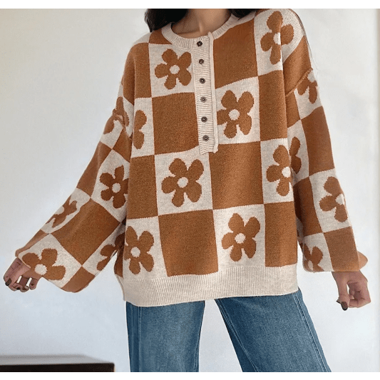 Gloria Brown Flower Plaid Henley Baggy Sweater