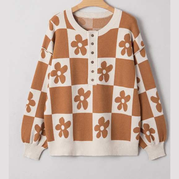 Gloria Brown Flower Plaid Henley Baggy Sweater