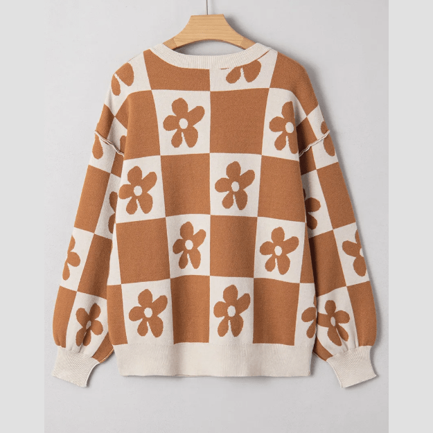 Gloria Brown Flower Plaid Henley Baggy Sweater