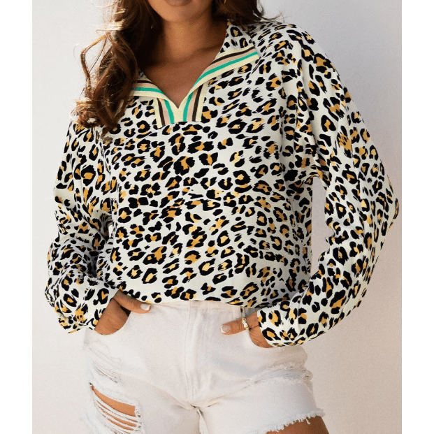 Helena Khaki Leopard Print Contrast Striped V Neck Blouse