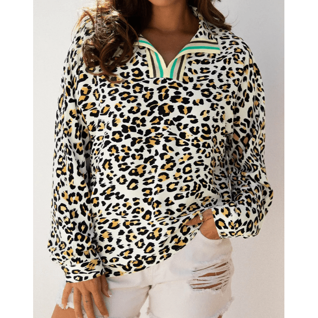 Helena Khaki Leopard Print Contrast Striped V Neck Blouse