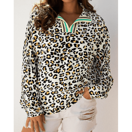 Helena Khaki Leopard Print Contrast Striped V Neck Blouse