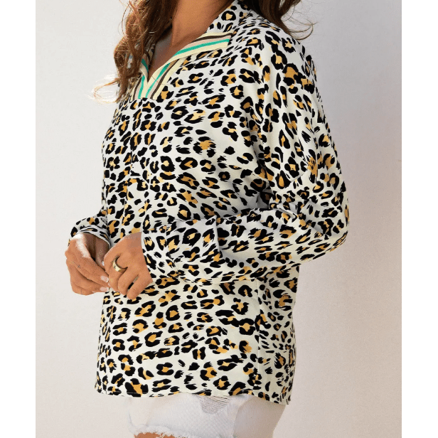 Helena Khaki Leopard Print Contrast Striped V Neck Blouse