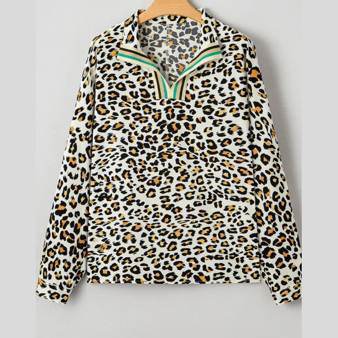 Helena Khaki Leopard Print Contrast Striped V Neck Blouse