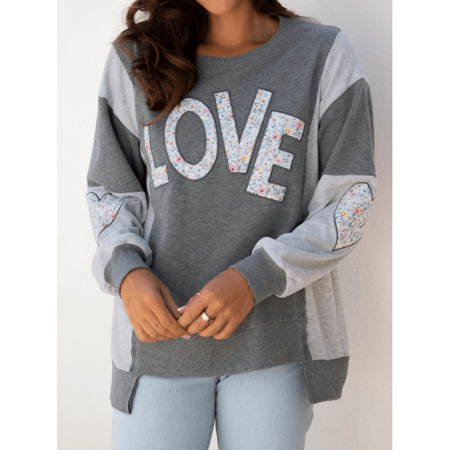 Dark Grey LOVE Graphic Exposed Seam Patchwork Uneven Hem Chic Sweatshirt