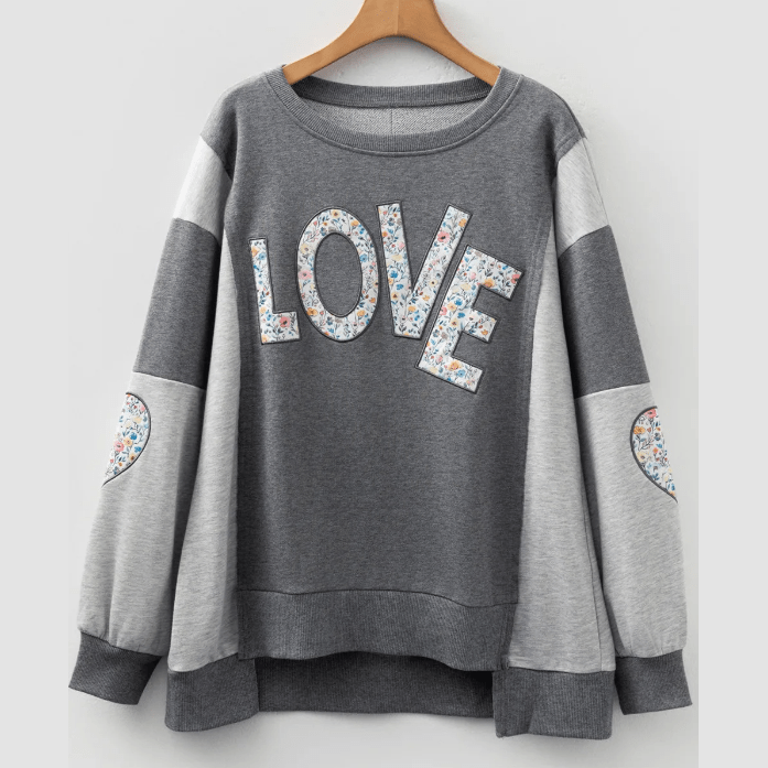 Dark Grey LOVE Graphic Exposed Seam Patchwork Uneven Hem Chic Sweatshirt