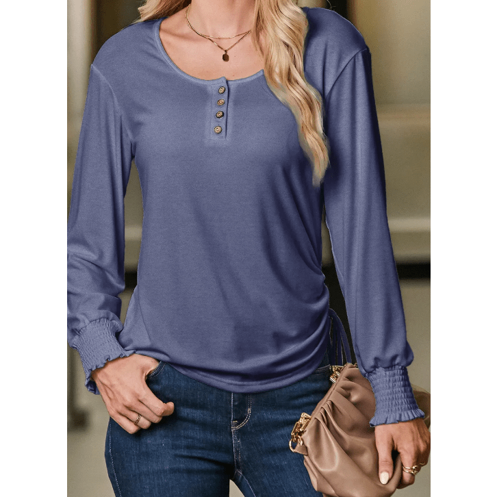 Jamey Blue U Neck Smocked Cuffs Side Drawstring Henley Top