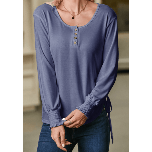 Jamey Blue U Neck Smocked Cuffs Side Drawstring Henley Top