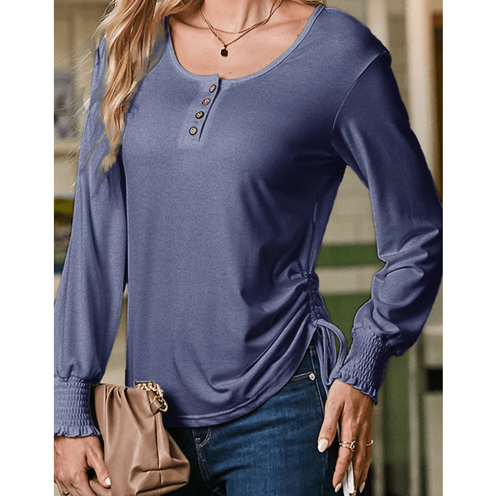 Jamey Blue U Neck Smocked Cuffs Side Drawstring Henley Top