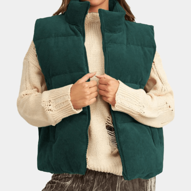 Karlene Green Corduroy Stand Neck Zipped Puffer Vest