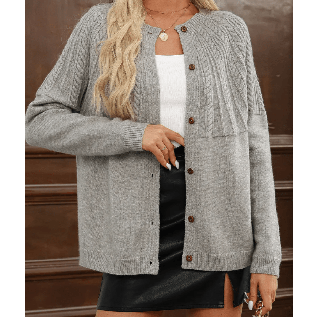 Izabelle Grey Textured Detail Button Down Long Sleeve Sweater Cardigan