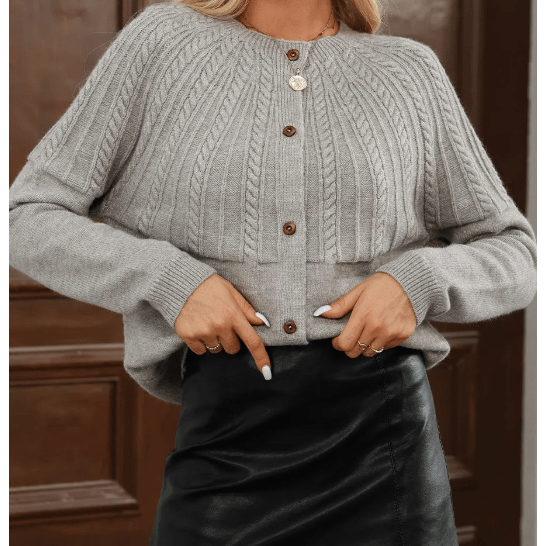 Izabelle Grey Textured Detail Button Down Long Sleeve Sweater Cardigan