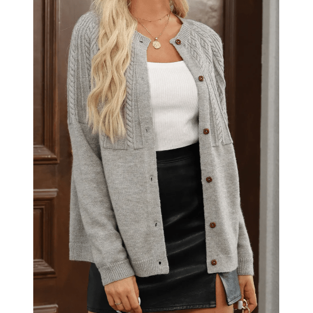 Izabelle Grey Textured Detail Button Down Long Sleeve Sweater Cardigan