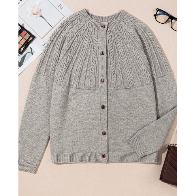 Izabelle Grey Textured Detail Button Down Long Sleeve Sweater Cardigan