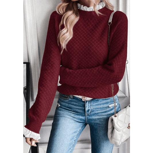Trilly Burgundy Contrast Lace Frilled Trim Raglan Sleeve Sweater