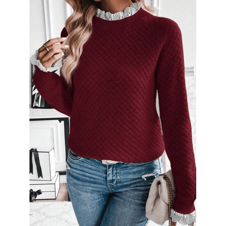 Trilly Burgundy Contrast Lace Frilled Trim Raglan Sleeve Sweater