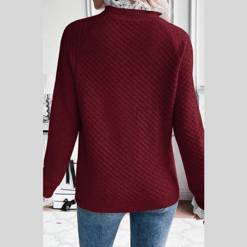 Trilly Burgundy Contrast Lace Frilled Trim Raglan Sleeve Sweater