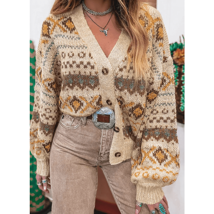 Lori Khaki Western Pattern Knitted Button V Neck Cardigan Sweater