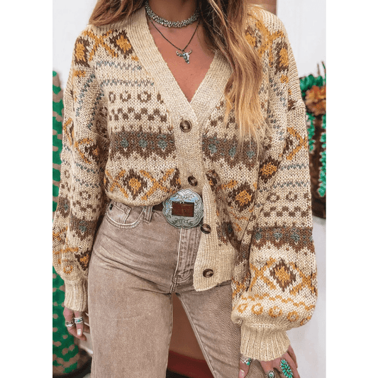 Lori Khaki Western Pattern Knitted Button V Neck Cardigan Sweater