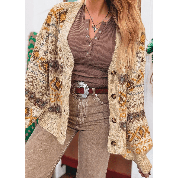Lori Khaki Western Pattern Knitted Button V Neck Cardigan Sweater