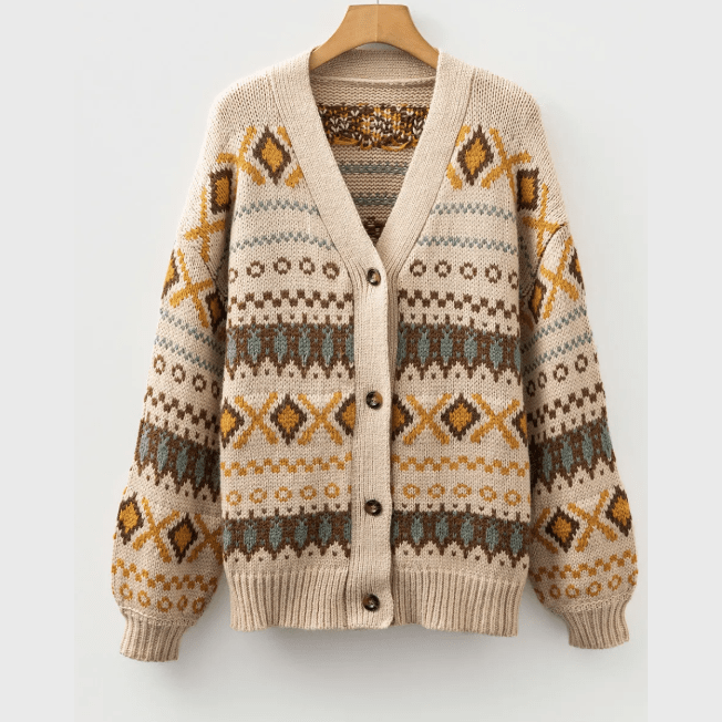 Lori Khaki Western Pattern Knitted Button V Neck Cardigan Sweater