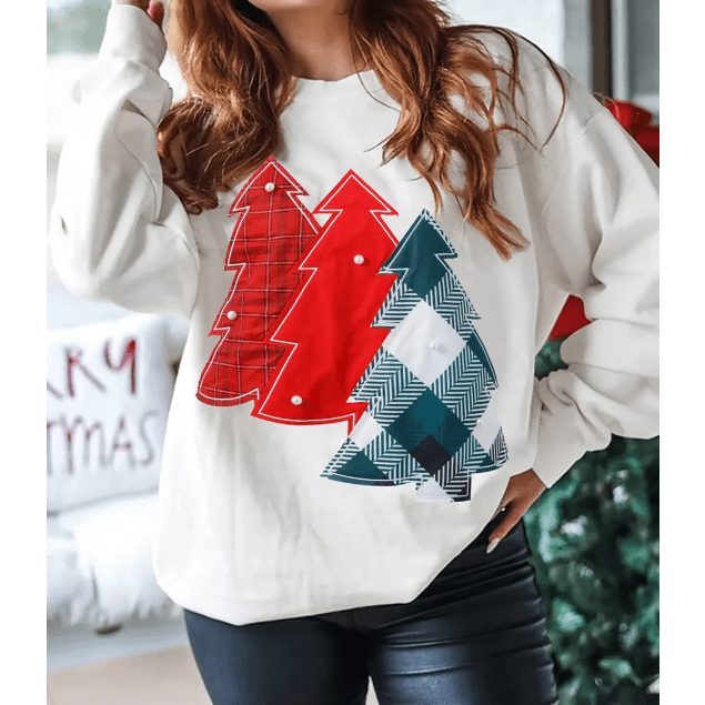 White Pearl Plaid Christmas Tree Patched Drop Shoulder Sweatshirt