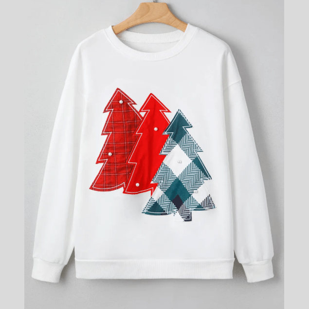 White Pearl Plaid Christmas Tree Patched Drop Shoulder Sweatshirt