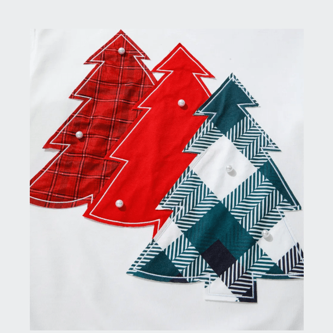 White Pearl Plaid Christmas Tree Patched Drop Shoulder Sweatshirt