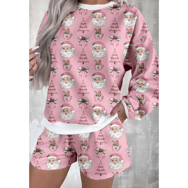 Santa Print Pink 2pcs Lounge Short Set