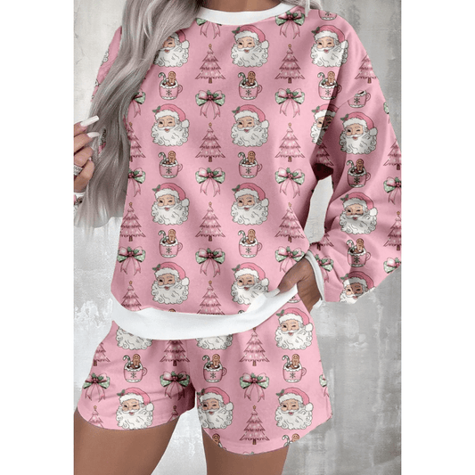 Santa Print Pink 2pcs Lounge Short Set