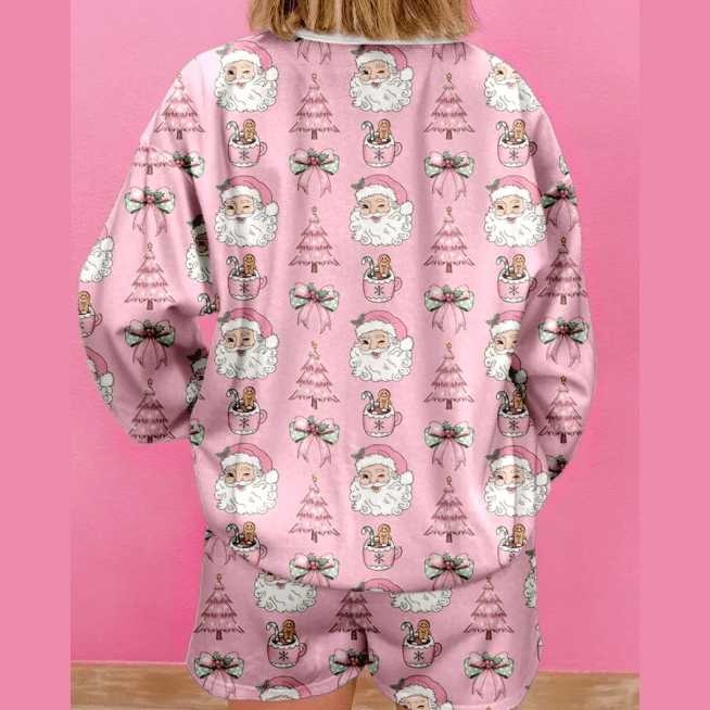 Santa Print Pink 2pcs Lounge Short Set