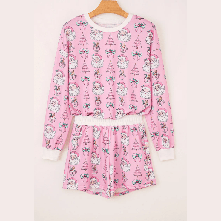 Santa Print Pink 2pcs Lounge Short Set