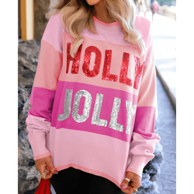Pink Sequined HOLLY JOLLY Color Block Crew Neck Sweater