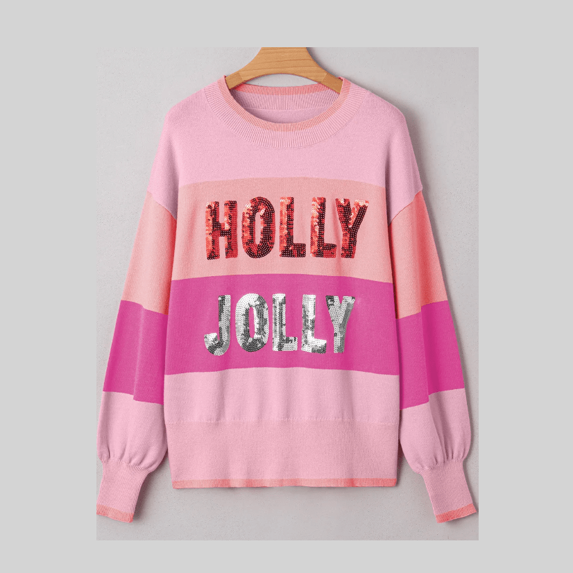 Pink Sequined HOLLY JOLLY Color Block Crew Neck Sweater