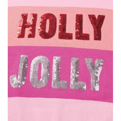 Pink Sequined HOLLY JOLLY Color Block Crew Neck Sweater