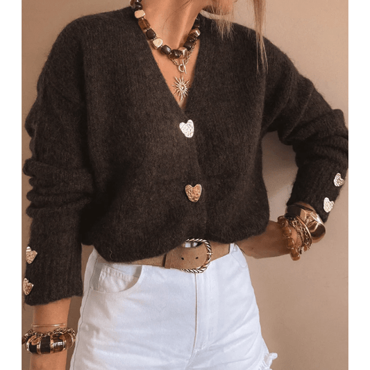 Evonne Chicory Coffee Heart Metal Button V Neck Cardigan