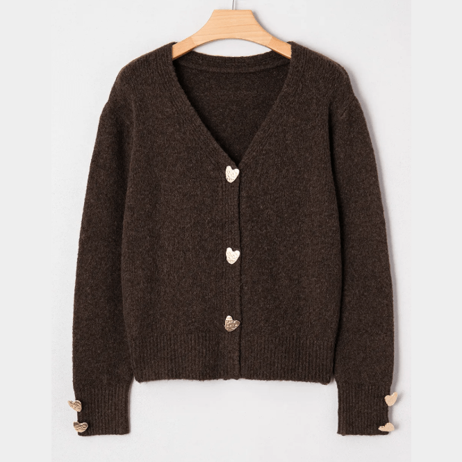 Evonne Chicory Coffee Heart Metal Button V Neck Cardigan