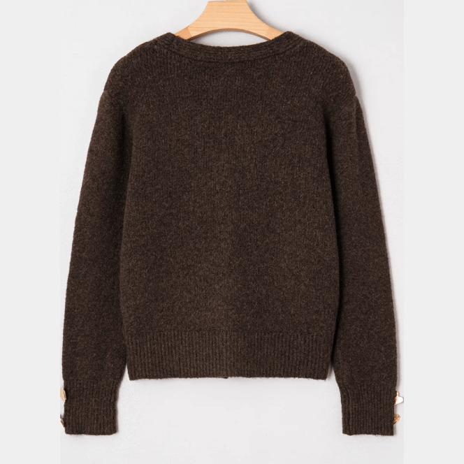 Evonne Chicory Coffee Heart Metal Button V Neck Cardigan