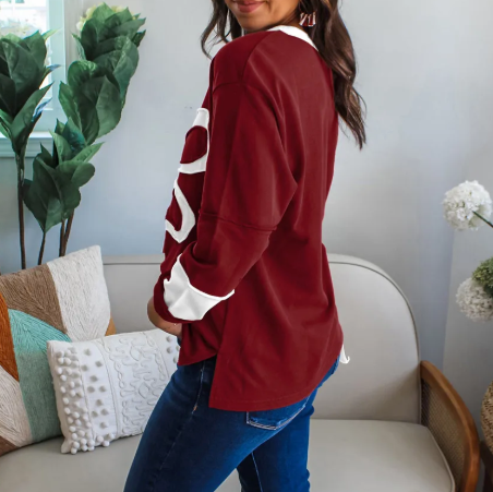 RTS Vernita Red Dahlia Cheerful Daisy Flower Patched Round Neck Long Sleeve Top
