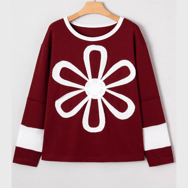 RTS Vernita Red Dahlia Cheerful Daisy Flower Patched Round Neck Long Sleeve Top