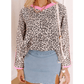 RTS Clementina Leopard Print Contrast V Neck Varsity Stripe Detail Long Sleeve Top