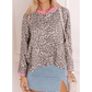 RTS Clementina Leopard Print Contrast V Neck Varsity Stripe Detail Long Sleeve Top