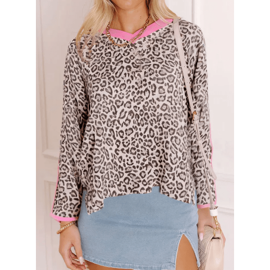 RTS Clementina Leopard Print Contrast V Neck Varsity Stripe Detail Long Sleeve Top