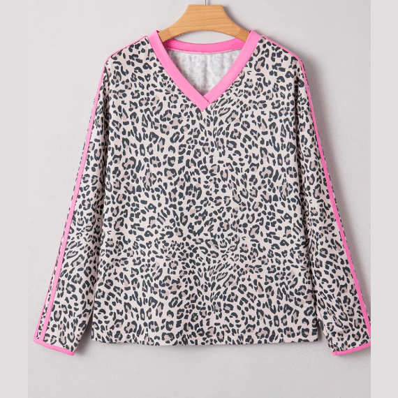 RTS Clementina Leopard Print Contrast V Neck Varsity Stripe Detail Long Sleeve Top
