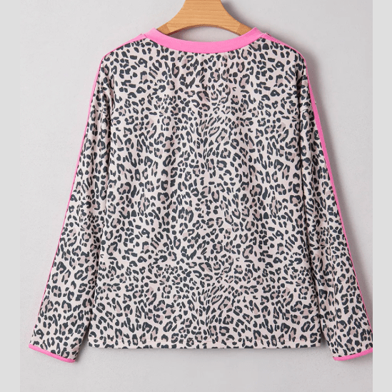 RTS Clementina Leopard Print Contrast V Neck Varsity Stripe Detail Long Sleeve Top