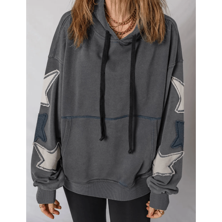 Amarose Grey Star Patchwork Contrast Stitching Mineral Wash Kangaroo Pocket Vintage Hoodie